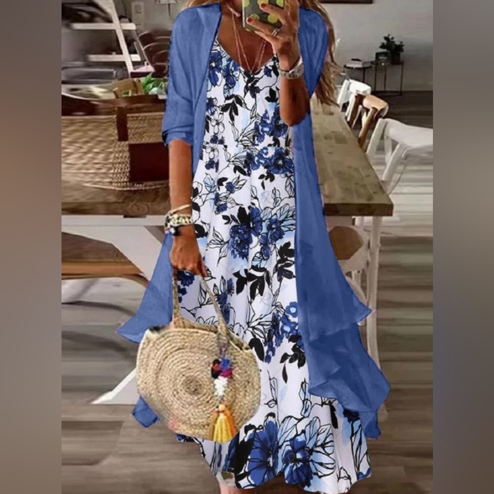 Blue Floral Two Piece Dress Set